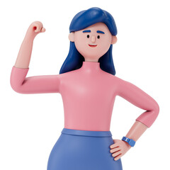 A woman raising his right fist, symbolizing strength and confidence in success. 3d rendering, conceptual image. Isolated on white background.