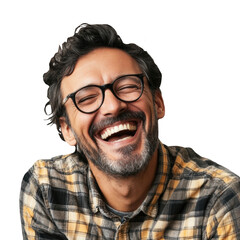 Portrait of a happy laughing man wearing glasses and plaid shirt isolated on white background happiness joy laughter positive emotions cheerful humor fun enjoyment carefree lifestyle candid authentic