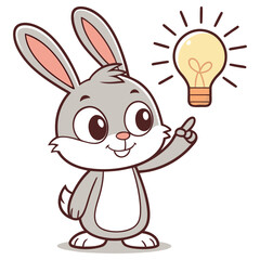 Cartoon Rabbit Character with Idea Bulb and Pointing on Transparent Background