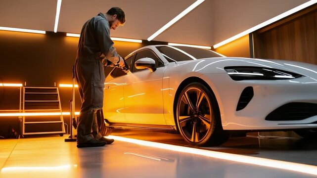 Professional car detailer applying protective coating on white electric car
