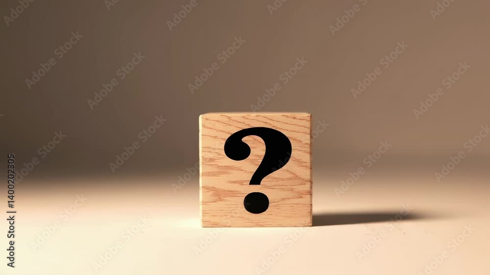 Poster Wooden cube featuring question mark resting on white surface, representing curiosity, uncertainty, and contemplative state of problem solving and decision making process