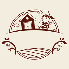 Brown Line Art Cartoon Farm Girl House Field Icon Logo
