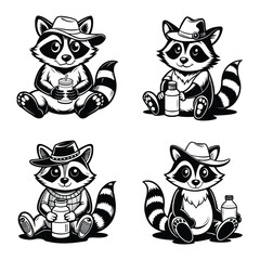 Obraz premium a cute raccoon sitting on the ground, wearing cowboy boots and a cowboy hat.