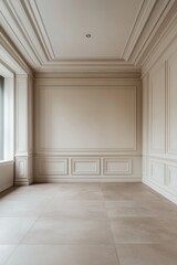 Elegant Interior Space with Decorative Wall Paneling and Neutral Palette for Design and Architecture Stock Photography