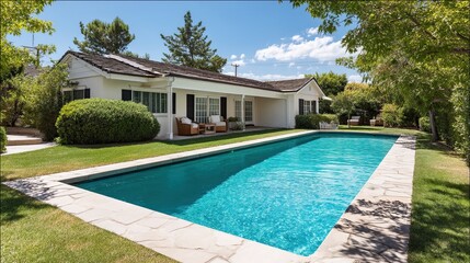 Fototapeta premium Modern white house with large swimming pool and green garden on sunny summer day in backyard