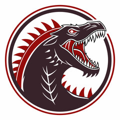 Stylized Detailed Cartoon Red and Black Dragon Head Logo Vector Art Fierce Spiky Mythical Creature Roaring Open Mouth Teeth Circular Design