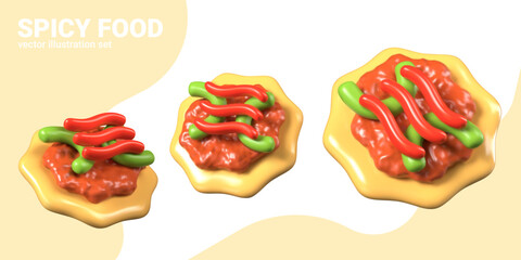 Peppery food. Crispy fried bread with bright vegetables. Vector 3D tostada in different positions