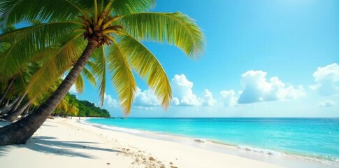 Fototapeta premium Sun-drenched coco palm leaning over white sand beach, nature, relaxing