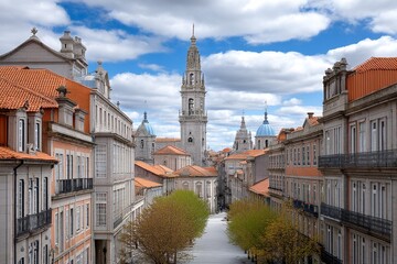 Obraz premium A view of ClÃ©rigos Tower rising above the city rooftops