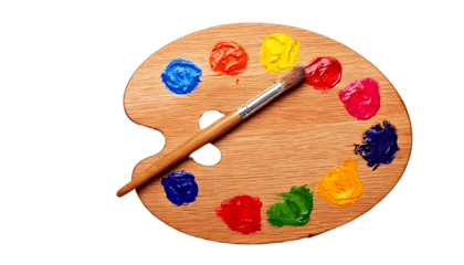 A classic wooden painter's palette with vibrant blobs of fresh paint arranged in a circle on a transparent background, painting, art.