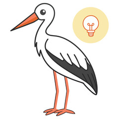 Cute Stork Flat Icon with Bulb Design Element Isolated on White