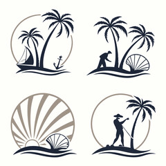 Vector Tropical Beach Icons Palm Trees Sailboat Seashell Anchor Sun Fishing Digging Silhouettes for Summer Vacation Travel Island Designs