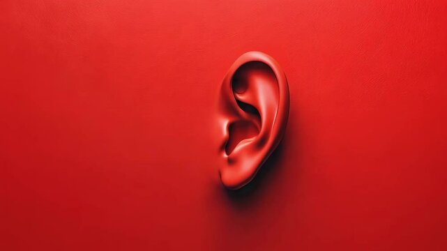 Medical grade plastic anatomical model of human ear gently rotating against red background, showcasing intricate details vital for educational and diagnostic visual content