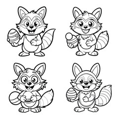 a raccoon with bunny ears and rock hands, holding an Easter egg in its mouth