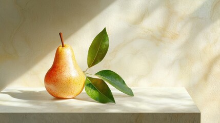 A single pear positioned on a smooth white surface, its subtle hues and textures naturally glowing.