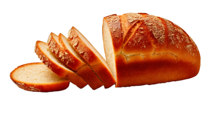 Delicious sliced ​​rustic loaf of bread with a golden-brown on a transparent background, textured crust and a soft, menu, promotion, advertisement, poster.