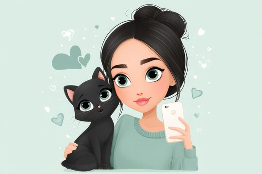 Cute cartoon of a girl taking a selfie with cat ears filter