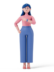 A woman points to the side, symbolizing guidance or attention. 3D rendering, conceptual image. Isolated on white background.