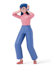 A woman with hands on head, symbolizing stress or exasperation. 3D rendering, conceptual image. Isolated on white background.