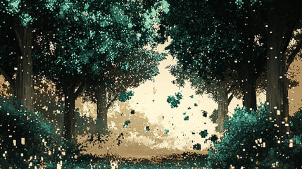Pixelated forest scene with glowing particles and a blurred background.