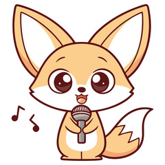 Singing Fennec Fox with Microphone Cartoon on Transparent Background