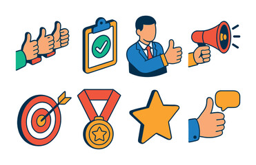 Isometric flat vector set of icons of workplace recognition: team thumbs, approved task, manager thumbs up, coworker shoutout, goal icon, badge of honor, workplace star, thumbs with chat bubble. . ,