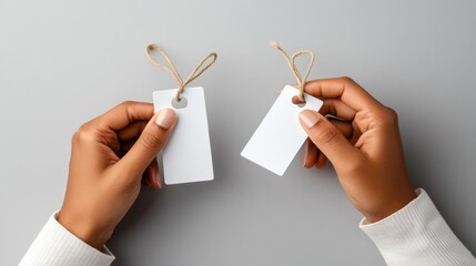 person holding two price tags, comparing old and new prices on product, with neutral background.
