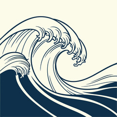 Fototapeta premium Dramatic Ukiyo-e Japanese Wave Blue Vector Line Art