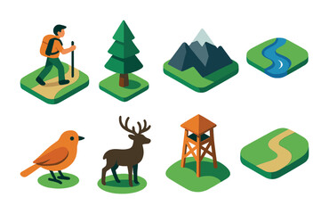 Fototapeta premium Isometric flat vector set of icons of person and nature: walking in park, gardening, hiking, camping, picking flowers, watching birds, swimming, fishing. isolated transparent background.