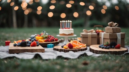 Festive outdoor celebration with cake, presents, and colorful array of fruits in the evening