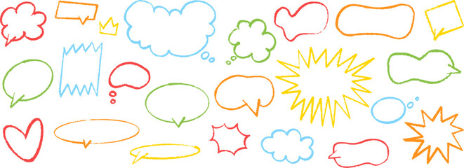 Set of colorful hand drawn speech bubbles and comic elements. Ideal for kids, comics, chat, fun design, or playful decoration on transparent background. Vector EPS 10