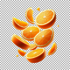 A floating slices of orange in various orientations, Fresh Orange Slices Floating in Mid-Air on transparent background, png, psd
