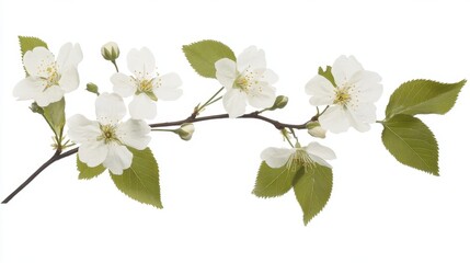 Naklejka premium Delicate white cherry blossoms and green leaves on a branch against a pure white background capturing spring beauty in a botanical arrangement
