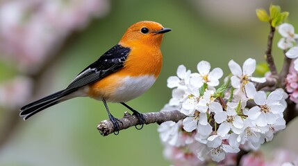 Fototapeta premium Orange breasted bird on blossoming tree branch