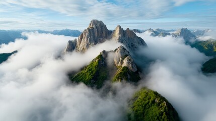 Obraz premium aerial view of mountain landscape shrouded in fog, rocky peaks emerging from thick clouds, mysterious atmosphere