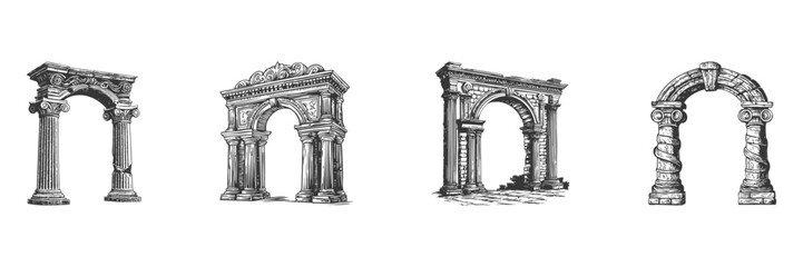 Fototapeta premium Ancient Architectural Arches Illustration Set In Vintage Style. Historical And Cultural Significance In Hand Drawn Sketch Style. Isolated Vector Illustration