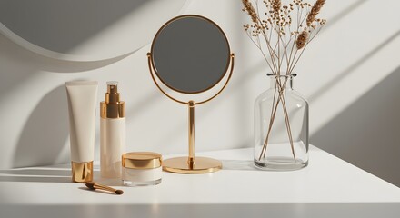Stylish skincare display with round mirror and flowers