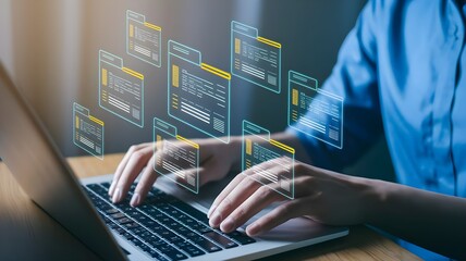 Document management system DMS and automated classification technology. Text documents and folder icons. Businessman using laptop computer for tagging and retrieving digital documents.