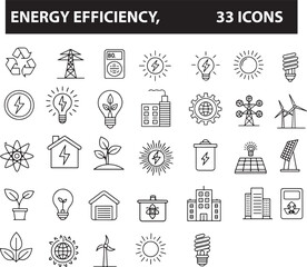 Energy Efficiency Icon Set – 33 Outline Linear Vector Icons Collection