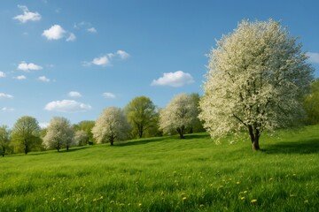 Naklejka premium Blossoming cherry trees covering verdant hillside under bright blue sky with wispy clouds