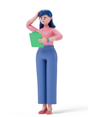 A woman holds a clipboard and scratches his head, symbolizing evaluation or decision-making. 3D rendering, conceptual image. Isolated on white background.