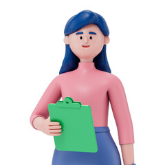 A woman holds a folder, symbolizing organization or work readiness. 3D rendering, conceptual image. Isolated on white background.