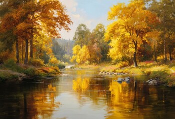 Peaceful River Flowing Through an Autumn Forest with Reflections and Sunlight