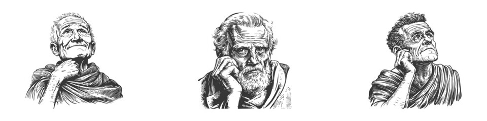 Elderly Philosophers In Thoughtful Poses Illustration Set In Vintage Style. Reflecting Wisdom And Contemplation In Hand Drawn Sketch Style. Isolated Vector Illustration