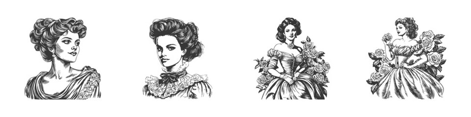 Vintage Victorian Women Portraits Illustration Set In Hand Drawn Sketch Style. Elegance And Historical Fashion Depicted In Isolated Vector Illustration