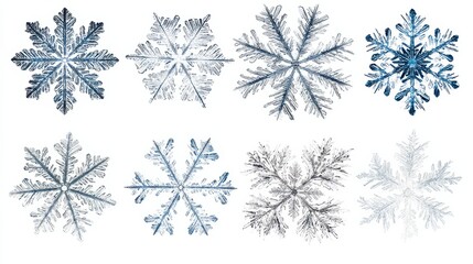 A collection of intricately designed snowflakes, showcasing their unique patterns and shapes in a delicate arrangement.