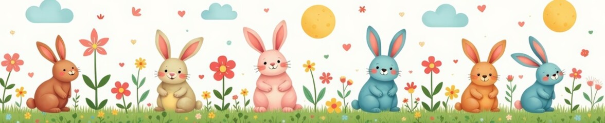 Obraz premium Whimsical repeat design of adorable bunnies and colorful flowers, nature, animals, Easter