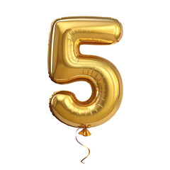 Golden Number 5 Balloon on Transparent Background