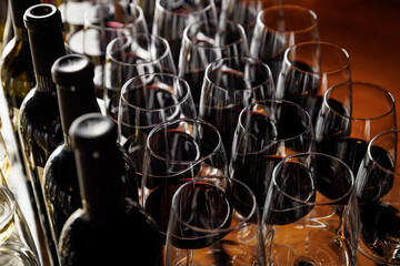 Rows of Filled Wine Glasses in a Restaurant Setting