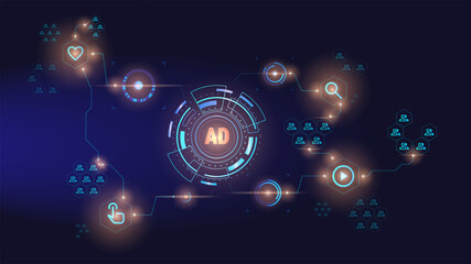 Dark-themed network advertising network with central AD hub and connections to various user groups. Online advertising strategies, social media campaigns. Vector illustration. Concept of business